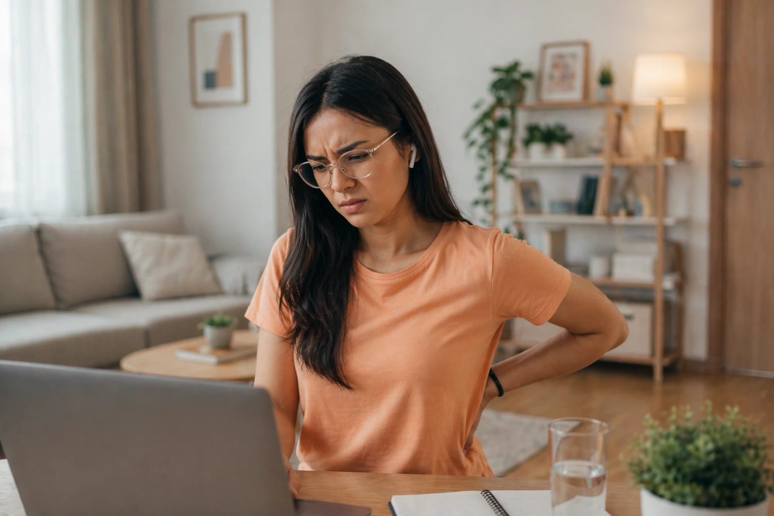 wanita muda berkacamata di depan laptop sambil memegang pinggang dengan ekspresi kesakitan