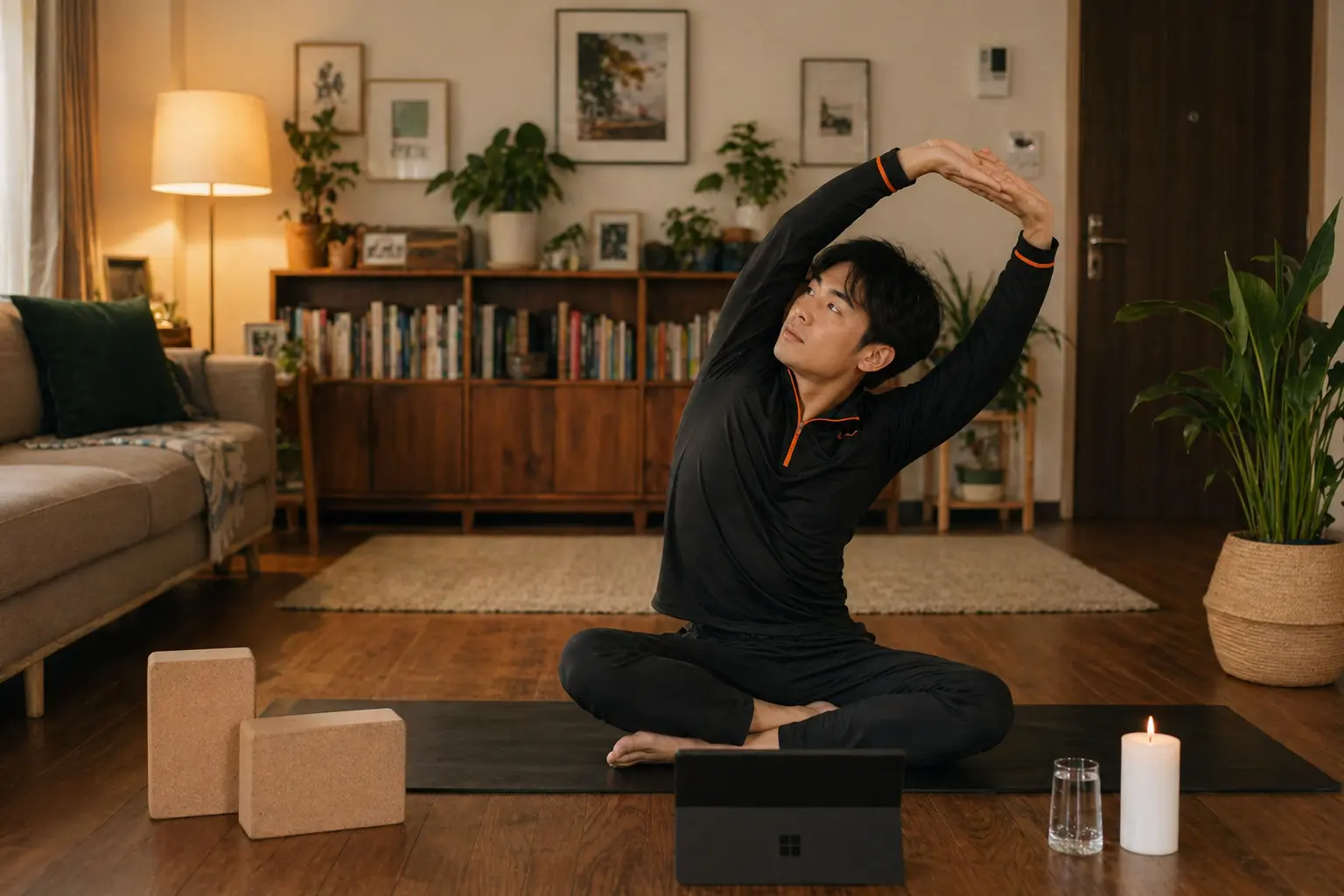 pria sedang melakukan peregangan di depan laptop