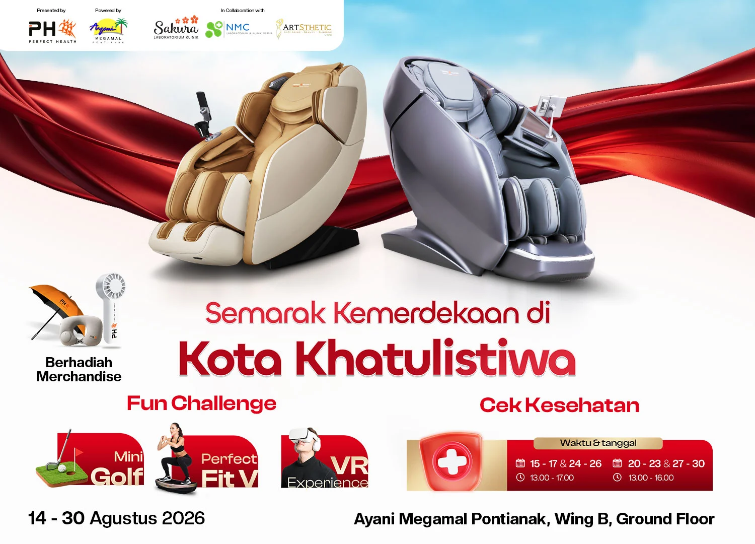 banner pameran Perfect Health di Ayani Megamal Pontianak pada 14 sampai 30 Agustus 2026